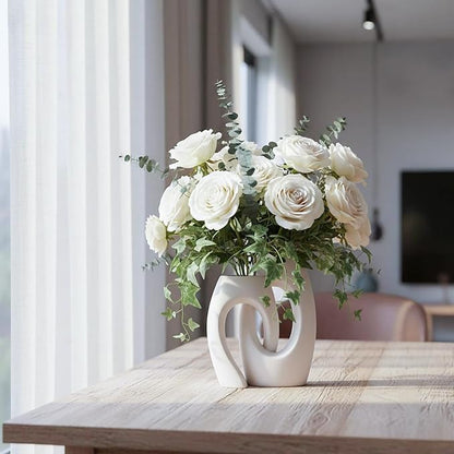 Ceramic Vase Set of 2 by DecoVlog, White Hollow Living Room Decor Vase, Minimalist Decorative Modern Boho Vase for Table Centerpiece Wedding Dining Living Room Office House Decoration