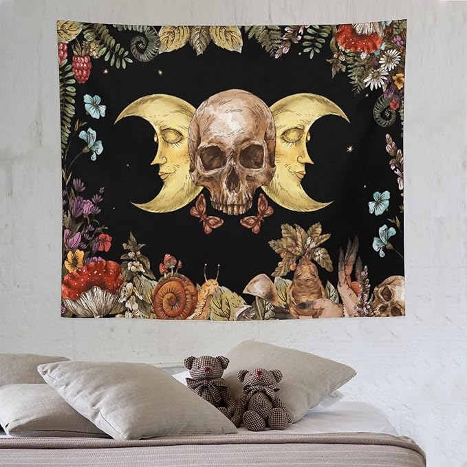 Boho Moon Skull Tapestry,Vintage Sun Moon Hippie Mushroom Floral Plant Tapestries Wall Hanging for Dorm Living Room Bedroom Decor(50"x60")