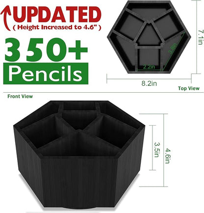 Houtingmaan Art Caddy Organizer for Kids, Bamboo Pencil Organizer with 7 Compartments, Pen Storage, Marker Holder, Desk Caddy, Black