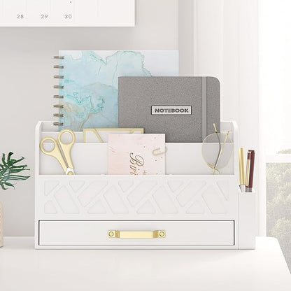 Wooden Desk Organizer,Desktop Organizer File Sorter for Office Supplies, Mail Organizer with Drawer,Desk Accessories & Workspace Organizers for Women （White）