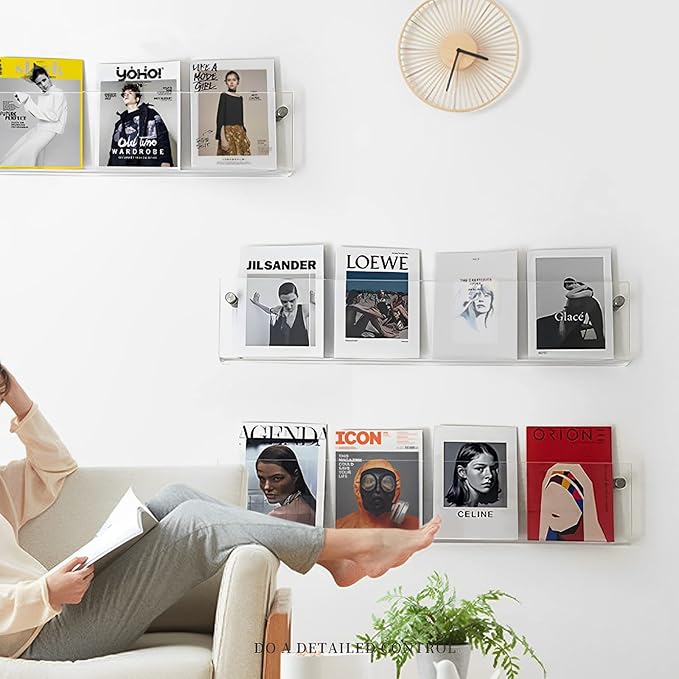 4-Pack 17" Acrylic Magazine Holder Vinyl Records Holder, Display Floating Bookshelves Wall Mounted, Hanging Nursery Book Shelves for Waiting Room, Living Room, Office