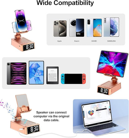 Gifts for Women Girls, Phone Stand with Bluetooth Speaker 360° Rotable Angle Adjustable Cell Phone Holder for Desk with HD Subwoofer Sound Fits All Phones,Tablets (Rose Gold)