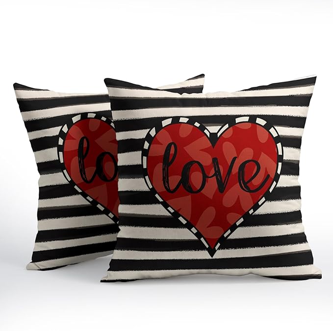 Valentines Day Pillow Covers 24x24 Set of 2 Black Red Heart Throw Pillow Covers Striped Love Pillowcase Linen Decoration Farmhouse Holiday Cozy Soft Cushion Case Couch for Indoor Outdoor Home Decor