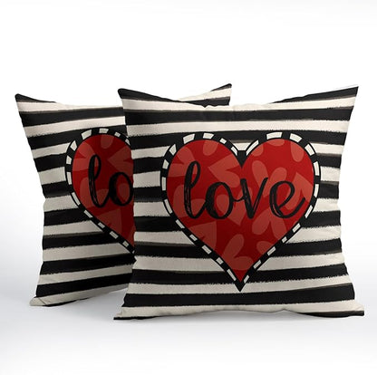 Valentines Day Pillow Covers 24x24 Set of 2 Black Red Heart Throw Pillow Covers Striped Love Pillowcase Linen Decoration Farmhouse Holiday Cozy Soft Cushion Case Couch for Indoor Outdoor Home Decor