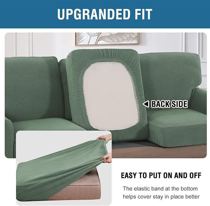 H.VERSAILTEX Multi-Pieces Chair Covers Stretch Couch Covers Form Fitted Seat and Back Cushions Covers (1 Seat Cover Plus 1 Back Cusion Cover, Bonus 2 Armrest Covers), Loden Frost