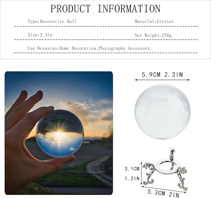 2.3in Sparkling Clear Crystal Ball with Stand 60mm Handcrafted Photography Prop for Magical Shots Elegant Home & Party Decor for Women