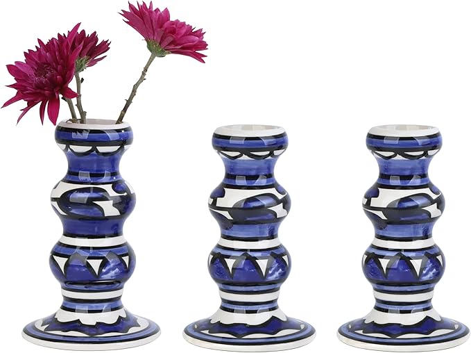Vixdonos Painted Ceramic Vase Colorful Bud Vase Set of 3 Small Flower Vase Rustic Mini Vases in Bulk for Home Decor, Wedding and Dinner Party(Blue)