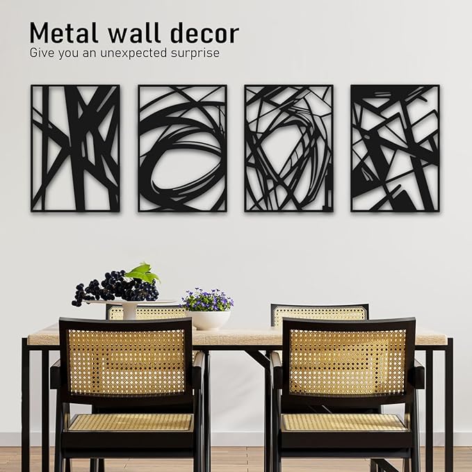 Black Abstract Wall Art, Metal Art Wall Decor, Modern Large Wall Art, 3D Abstract Wall Sculptures for Bedroom Bathroom Living Room (4 Pack, 22.5 x 16 in)