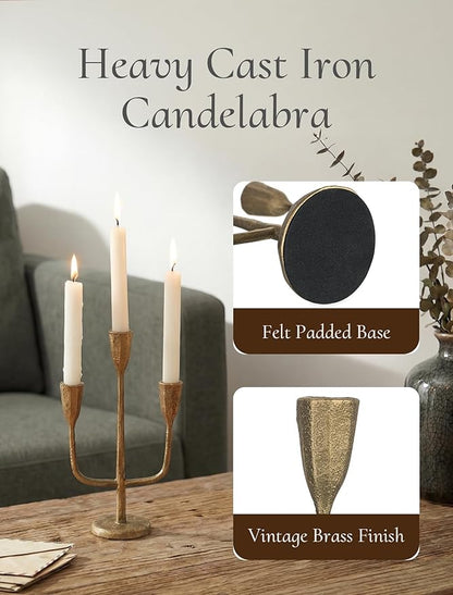 Cast Iron Gold Candelabra: 10.4 Inch Tall Vintage Taper Candle Holders 3 Arms Brass Candlestick Holders Antique Candelabra Centerpieces for Tables Fireplace Living Room Decor Set of 1