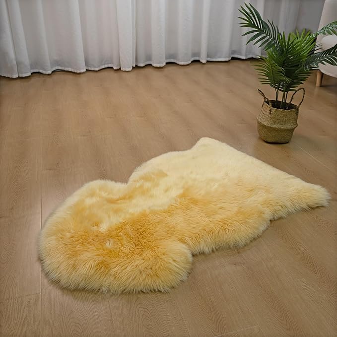 Genuine Sheepskin Rug New Zealand Luxury Lambskin Rug, Natural Fluffy Sheepskin Throw for Bedroom Living Room Children's Room - Premium Area Rug Chair Cover (Yellow, 2×3 Feet)