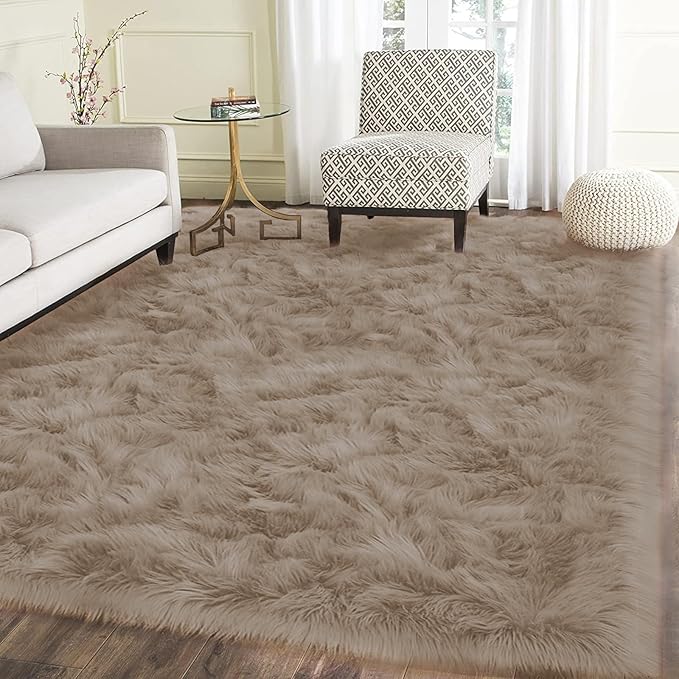 Latepis Beige Faux Fur Rug 8x10, Faux Fur Sheepskin Rug for Living Room, Fluffy Washable Fuzzy Rugs Carpet for Bedroom, Luxury Room Decor, Rectangle