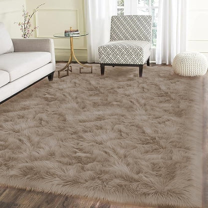 Latepis Beige Faux Fur Rug 8x10, Faux Fur Sheepskin Rug for Living Room, Fluffy Washable Fuzzy Rugs Carpet for Bedroom, Luxury Room Decor, Rectangle