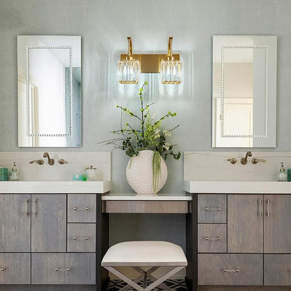 Crystal Vanity Lights 2-Light Gold Wall Lamp Modern Crystal Bathroom Light Fixtures Over Mirror 13.77" Long Bathroom Wall Sconce