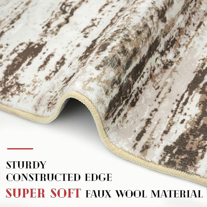 Modern Abstract Runner Rug, 2x6 Feet, Beige, Faux Wool, Machine Washable, Non-Slip, Soft, Kid & Pet Friendly
