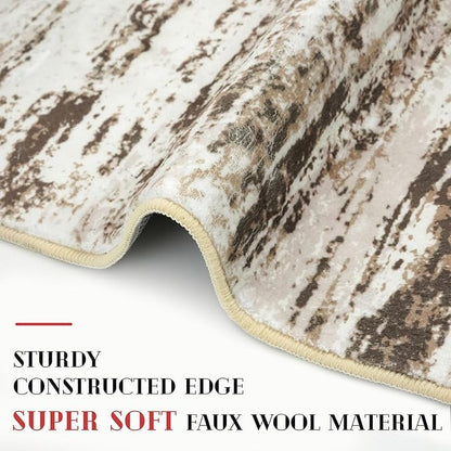 Modern Abstract Runner Rug, 2x6 Feet, Beige, Faux Wool, Machine Washable, Non-Slip, Soft, Kid & Pet Friendly