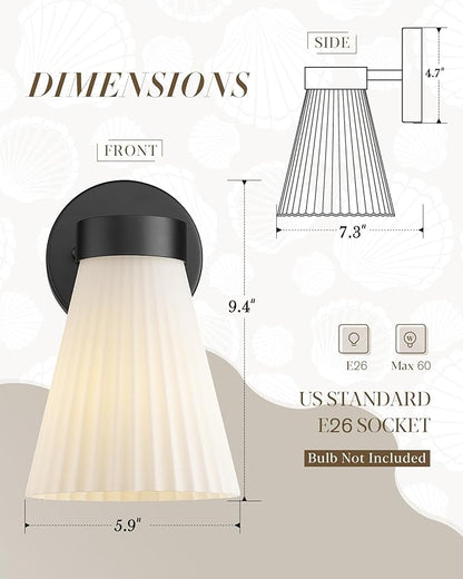 Indoor Wall Light Fixture, HWH Modern Wall Sconce Vanity Light with Frosted White Striped Glass Shade, Matte Black Single Wall Sconce for Bathroom Bedroom, 5HZG97B BK