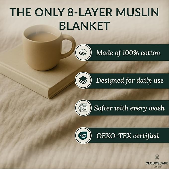 Cloud Scape Linen Extra Large 8 Layer Muslin Throw Blanket - 100% Cotton Gauze, Soft and Breathable, Winter Blanket for Couch, Sofa and Bed, Idea, 50x70, Fog