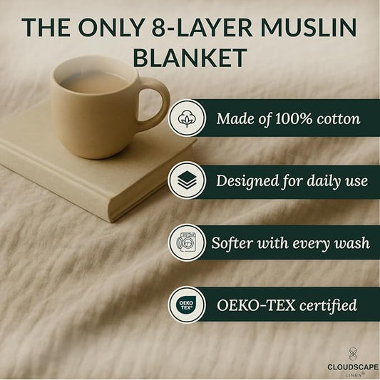 Cloud Scape Linen Extra Large 8 Layer Muslin Throw Blanket - 100% Cotton Gauze, Soft and Breathable, Winter Blanket for Couch, Sofa and Bed, Idea, 50x70, Fog