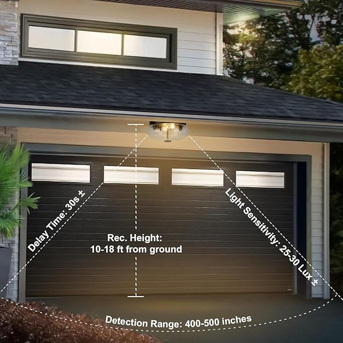 Motion Sensor Outdoor Ceiling Light, Black Modern Design Ceiling Light Fixture with Ripple Glass for Porch, Garage, Patio, Hallway, Entryway, Energy Efficient (2 Blub Needed)