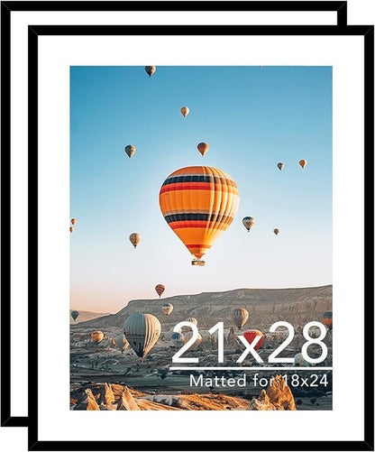 21x28 Picture Frame with 18x24 Mat Set of 2, Display Photo 18x24 with Mat or 21 x 28 Without Mat, Wall Hanging Large 21 by 28 Poster Frame with Plexiglass, 2 Pack, Black