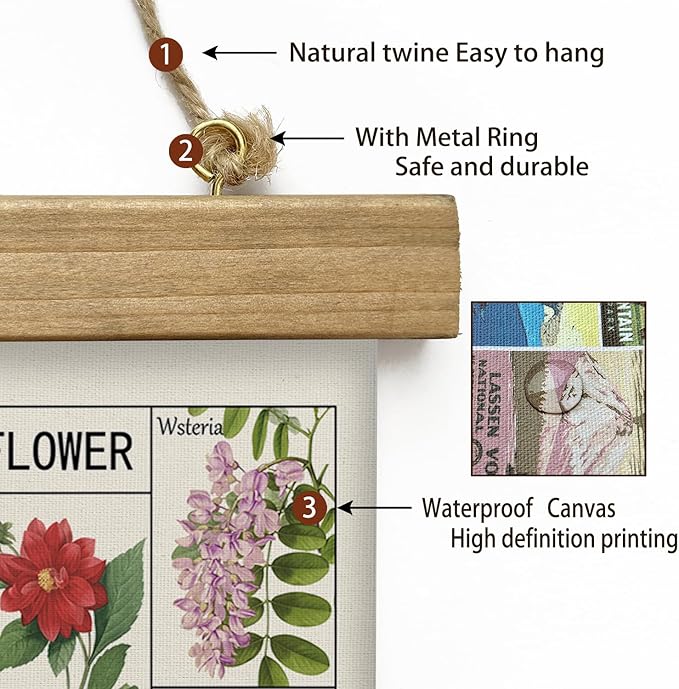 Vintage Spring Flower Poster Print, Botanical Educational Illustration, Rustic Wooden Hanger Frame, Linen Canvas Wall Art Decor, Farmhouse Cottagecore Style for Living Room Bedroom Office (16" x 23")
