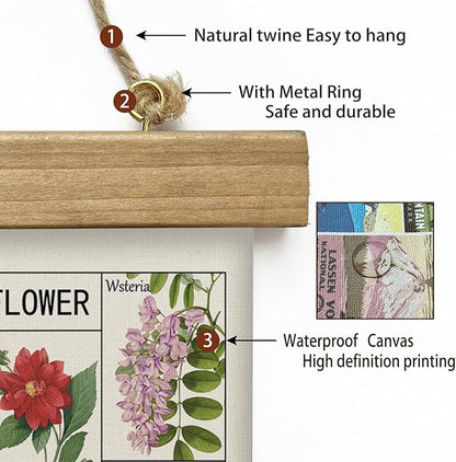 Vintage Spring Flower Poster Print, Botanical Educational Illustration, Rustic Wooden Hanger Frame, Linen Canvas Wall Art Decor, Farmhouse Cottagecore Style for Living Room Bedroom Office (16" x 23")