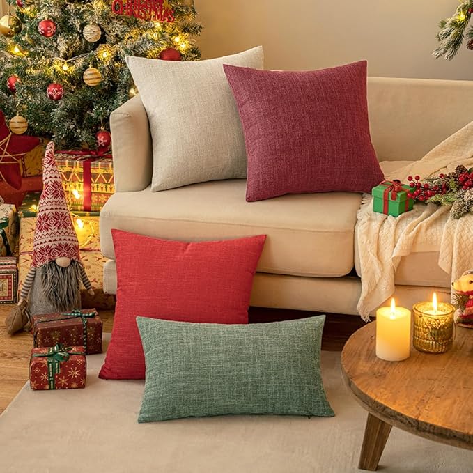 MIULEE Pack of 2 Decorative Linen Burlap Pillow Covers Farmhouse Accent Pillowcases for Sofa Car Couch Bedroom Living Room Decor 20x20 Inch Christmas Red