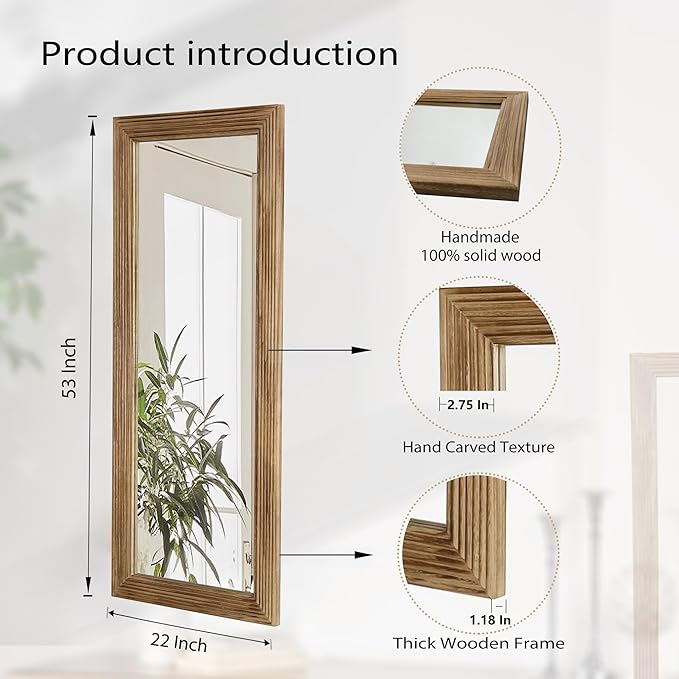 LOSOUR Full Length Mirror, 53"x22" Farmhouse Rectangular Wood Floor Length Leaning Mirror, Rustic Wall Decor for Bedroom, Living Room, Hallway, Entrayway, Bathroom (1, Brown, 53"x22")