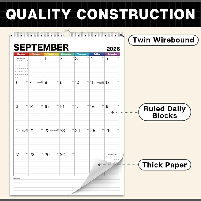 Dunwell Large Wall Calendar 2026, 12x17 (Colorful), Big Grid 12 x 17 Hanging Monthly Calendar with Large Daily Blocks, Premium Paper, Use Jan to Dec 2026