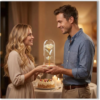 Preserved Fresh Flower in Glass Dome with LED Lights, Gold Stem Rose with Wooden Base, Romantic Home Decor Gift for Valentine's Day (A golden rose as a gift for mom or your lover)