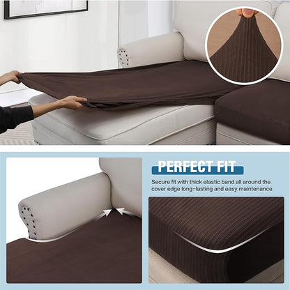 H.VERSAILTEX Velvet Stretch Sectional Couch Covers - 3 Piece L Shape Separate Cushion Set for Large 2 Seater + 1 Chaise, Brown Striped