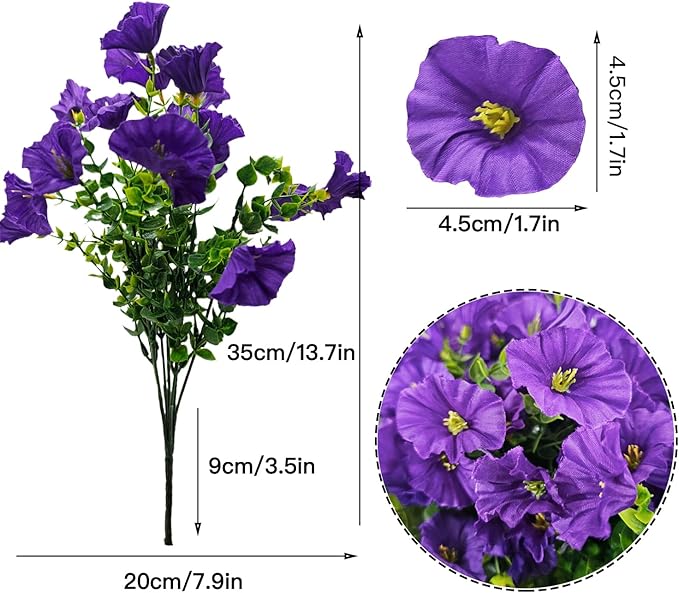 Artificial Silk Flowers for Outdoor Decoration,12 Bundles Faux Flowers Colorful Morning Glory with Eucalyptus Fake Plants Greenery UV Resistant for Outside Front Door Planter Porch Patio Yard