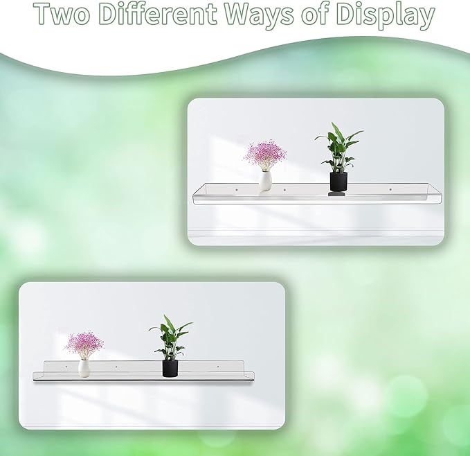 Febwind 4 Pack 24-Inch Long Clear Acrylic Floating Shelves U Shape Wall Shelf for Book Display Makeup Product Spice Organizer