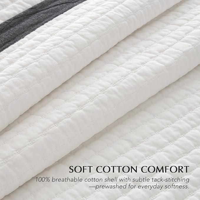 EVERGRACE Cotton Border Frame Tack-Stitch Quilt Bedding Set King Size, Coastal Oversized 3 Pieces Lightweight Bedspread Coverlet for All Season, with 2 Matching Shams, Washed Black