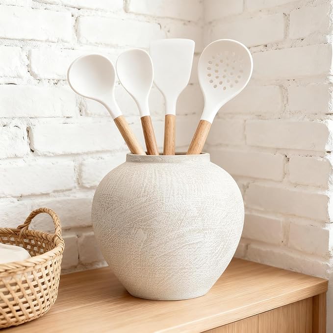 Large Ceramic Rustic Vase, 7.9 inch Minimalist Decorative Farmhouse Tall Vase for Home Decor, Living Room, Shelf Decor, Enterway, Wedding, Table Decoration, White
