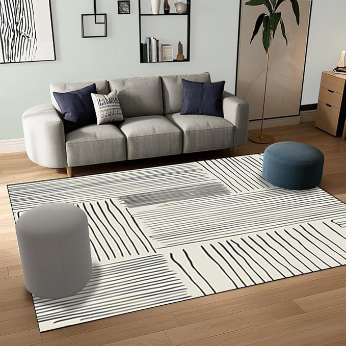 Area Rug 5x7 Feet Abstract Lines, Non-Slip Comfort Floor Mat Washable Rug Modern High Traffic Durable for Living Room, Bedroom, Home Office (Black White)