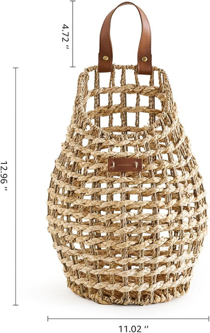 Woven Front Door Basket Water Hyacinth Wall Hanging Basket Decorative Boho Mounted Organizer for Dried Flower Plants Storage Basket for Garden, Home, and Farmhouse Décor (B_Corn Husk)