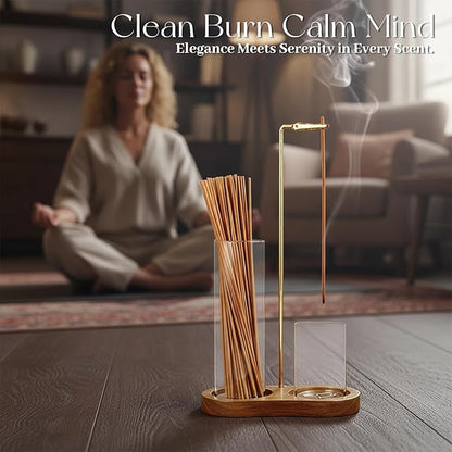 2-in-1 Incense Stick Holder with Glass Ash Catcher, Dual Glass Cups & Metal Clip, Minimalist 8-Shaped Wooden Base, Home Decor Gift (Dark Base)