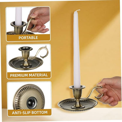 STOBAZA Retro Taper Candle Holder with Handle Vintage Metal Candlestick Tabletop Accent 4.52 Inch Candle Stand for Home Decor Party and Special Occasion