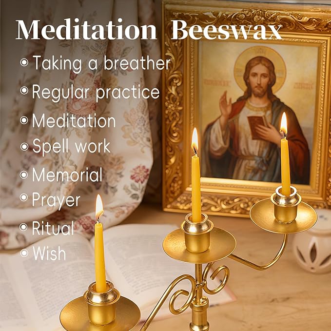 40Pcs 30 Minute Meditation Candles Beeswax Candles, Dripless Mini Beeswax Taper Candles with Brass Candle Holders, Prayer Candle Gift for Yoga Relaxation