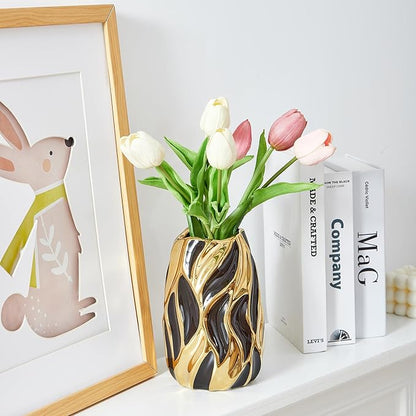 Black Ceramic Vase for Flowers, Modern Flower Vase Home Decor, Small Vase, Ceramic Vase for Pampas Grass Decorative Vase, for Farmhouse Coffee Table Bookshelf Home Living (Black Small)