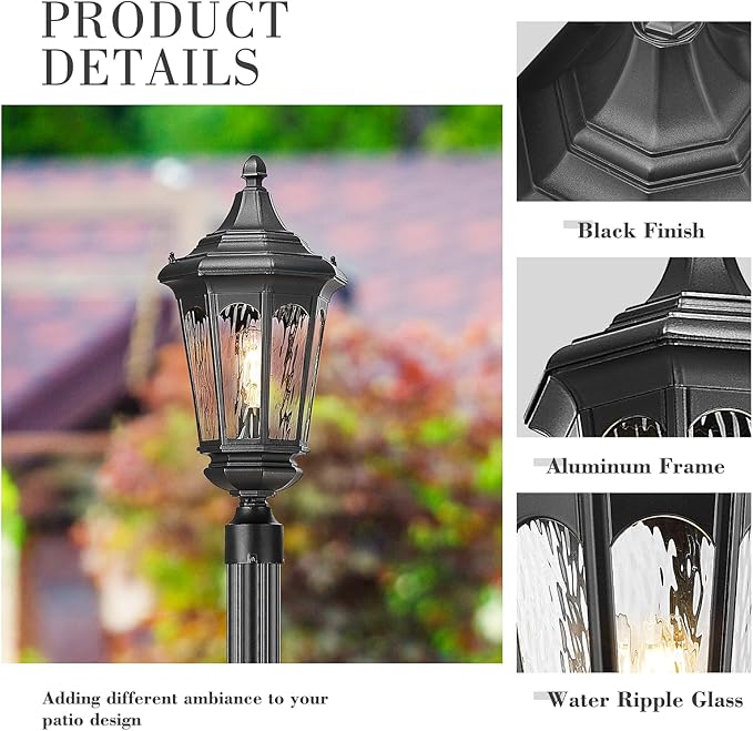 Emliviar 82 Inch Outdoor Post Light Hard Wired, Exterior Water Ripple Glass Street Light Fixture for Garden in Black Finish, E26 Base 100W Max, XE304PL BK-SW
