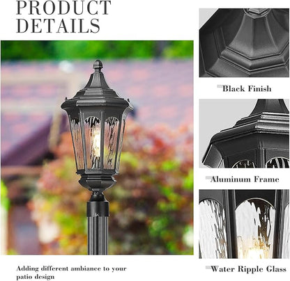 Emliviar 82 Inch Outdoor Post Light Hard Wired, Exterior Water Ripple Glass Street Light Fixture for Garden in Black Finish, E26 Base 100W Max, XE304PL BK-SW
