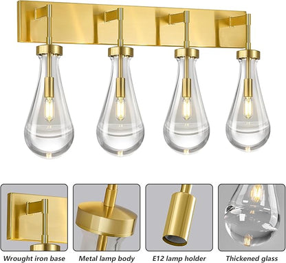 Raindrop Wall Sconces Gold Crystal Sconces Wall Decor Modern Lighting Glass Bathroom Sconces Indoor Vanity Light Wall Lamp for Bedroom Living Room Stair(4-Light)