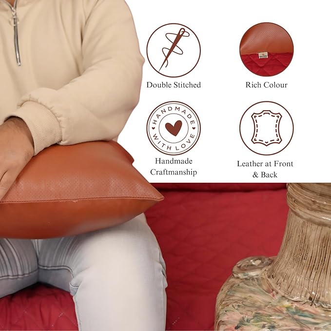 Genuine Lambskin Leather Pillow Cover, 16x16 Inch Case for Lumbar Throw Couch Pillows, Thick & Soft Cushion Covers for Sofa Bed Home Décor (Textured Terracotta Pack of 2)