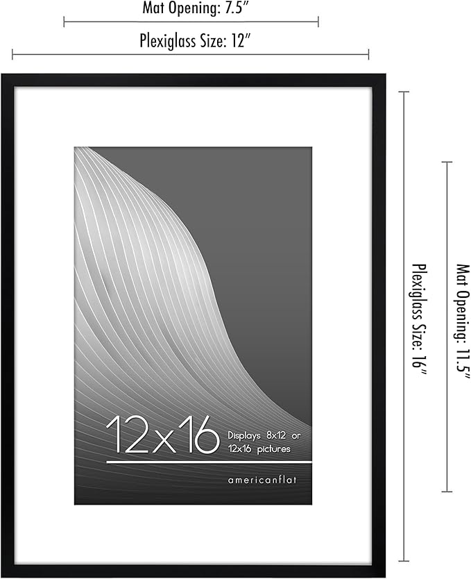 Americanflat 12x16 Picture Frame with Polished Plexiglass - Use as 8x12 Frame with Mat or Display 12x16 Photo Without Mat - Streamline Collection - Thin Border Picture Frames for Wall - Black