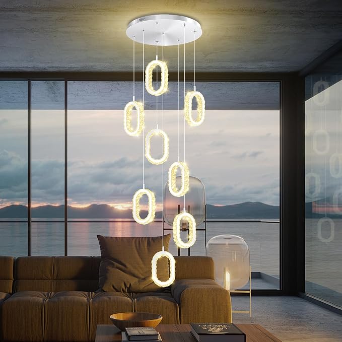 Silver 8-Ring Crystal Chandelier for Foyer Stairwell High Ceiling Chandelier Dimmable Oval Crystal Ring Pendant Light
