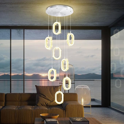 Silver 8-Ring Crystal Chandelier for Foyer Stairwell High Ceiling Chandelier Dimmable Oval Crystal Ring Pendant Light
