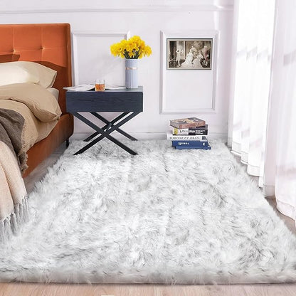 White and Gray Furry Carpet for Bedroom Fuzzy Faux Sheepskin Washable Fur Area Rugs for Living Room Rug 4x6 Rectangle Nursery Rug