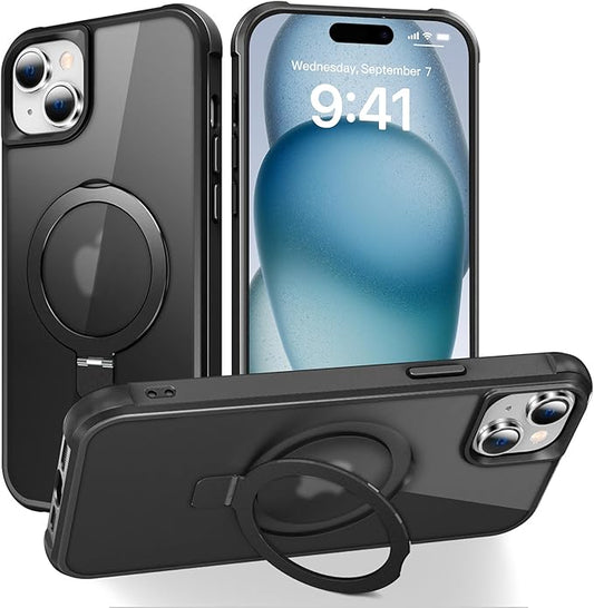 Compatible with iPhone 15 Case with Invisible Magnetic O-Ring Stand Military-Grade Translucent Case for iPhone 15 6.1" [Compatible with Mag-Safe][Great Grip Feeling], Black